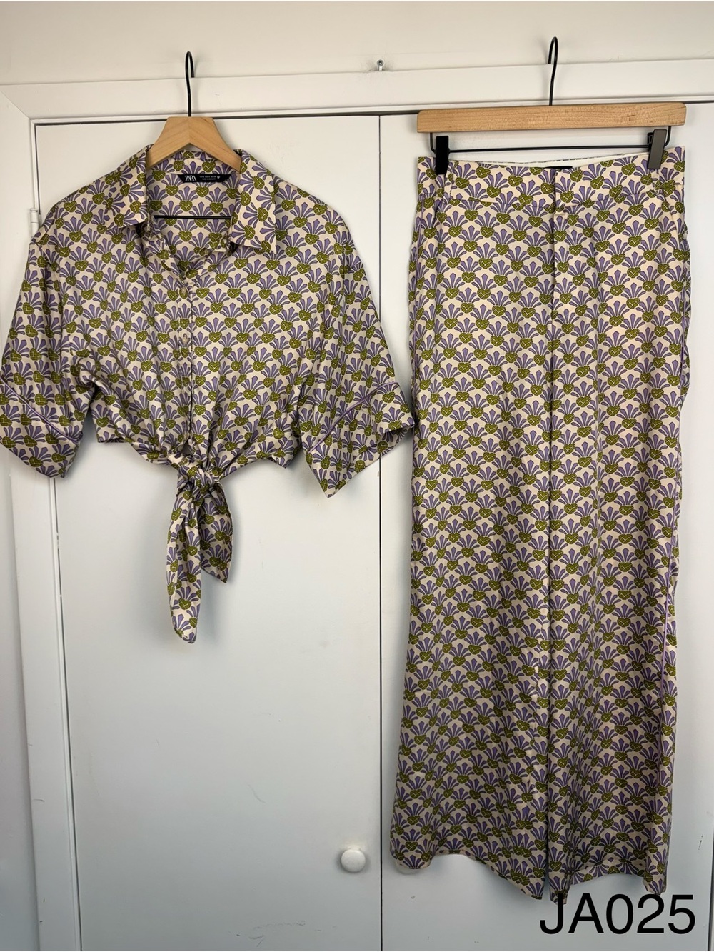 Zara Pineapple Print Matching Shirt Wide Leg Pants Set S